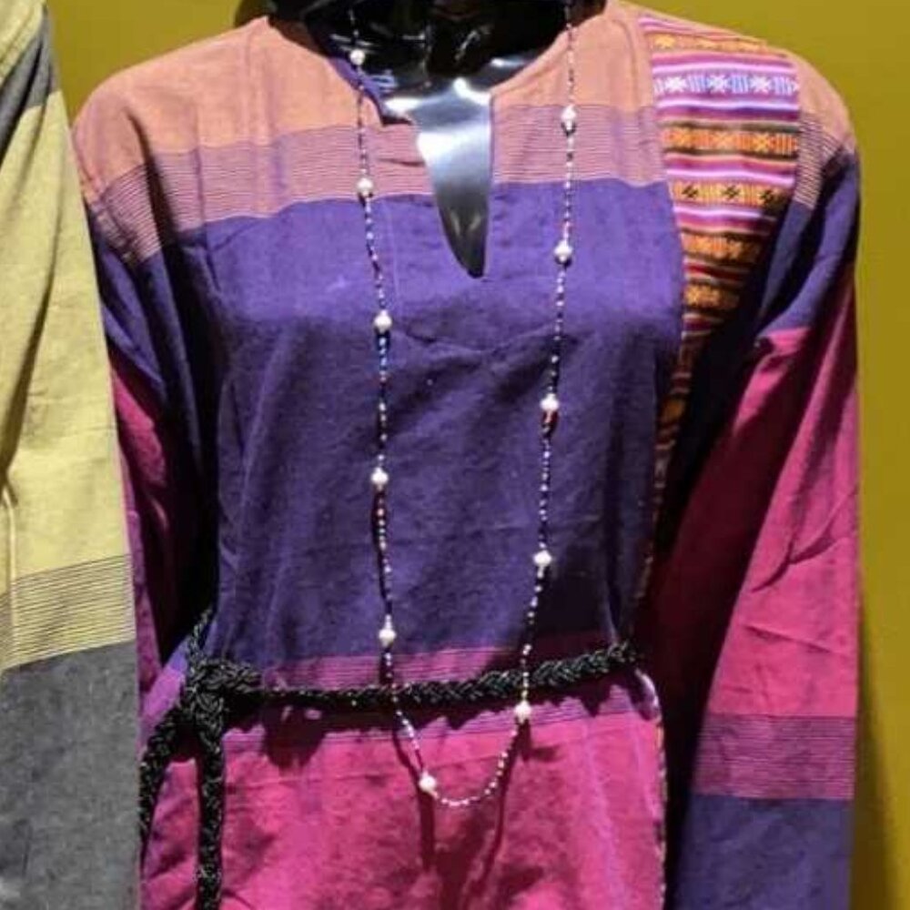 Cotton Bhutani Trim Long-Sleeve V-Neck Tunic - Tri Color (Purple)